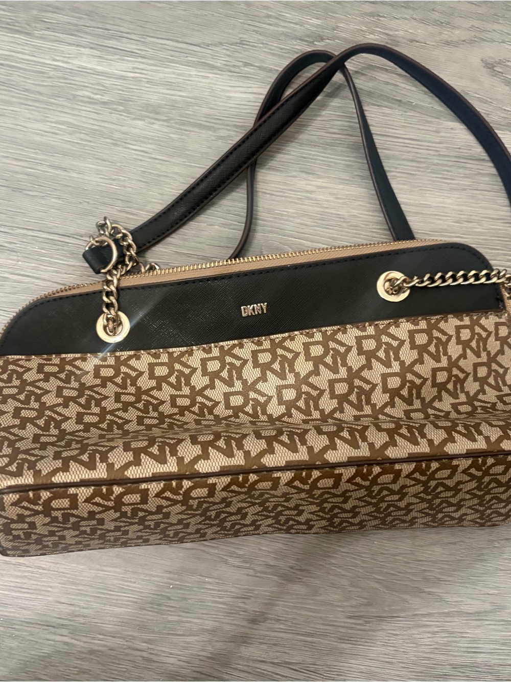 DKNY Brown and Black Logo Shoulder Bag with Chain Detail
